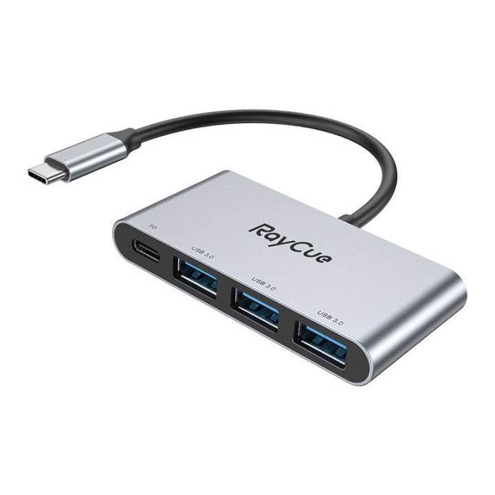 RayCue 4-in-1 jaotur USB-C kuni 3x USB-A 3.0 5Gbps + PD 3.0 100W (hall)
