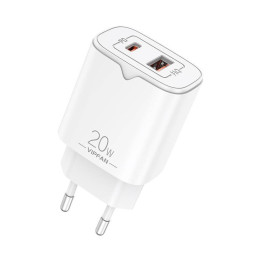 Verkkolaturi VFAN E08, USB + USB-C, 20W PD + QC 3.0 (valkoinen)