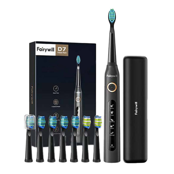 Sonic zobu birste ar galviņu komplektu un futrāli FairyWill FW-507 Plus (melna)