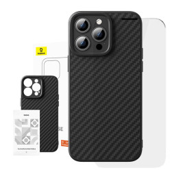 Case Baseus sintētiskās šķiedras iPhone 15 Pro + rūdīts stikls