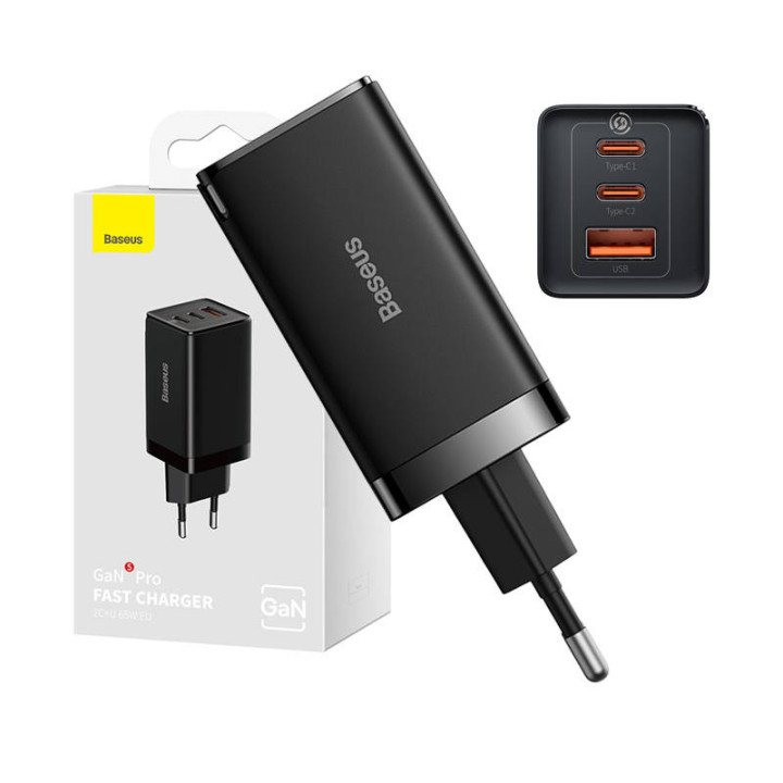 Sienas lādētājs Baseus GaN5 Pro 2xUSB-C + USB, 65W (melns)