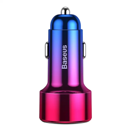 Baseus Magic USB + USB-C QC 4.0 PD 45W automobilinis įkroviklis (raudona-mėlyna).