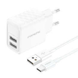 Foneng EU53 20W 2xUSB-A, 2,4A võrgulaadija (valge) + USB-C kaabel