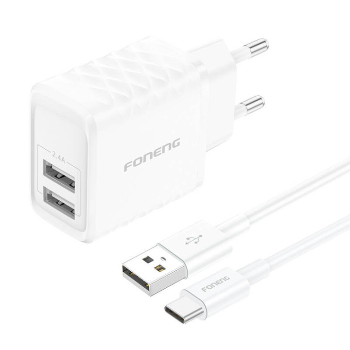 Foneng EU53 20W 2xUSB-A, 2,4A tīkla lādētājs (balts) + USB-C kabelis