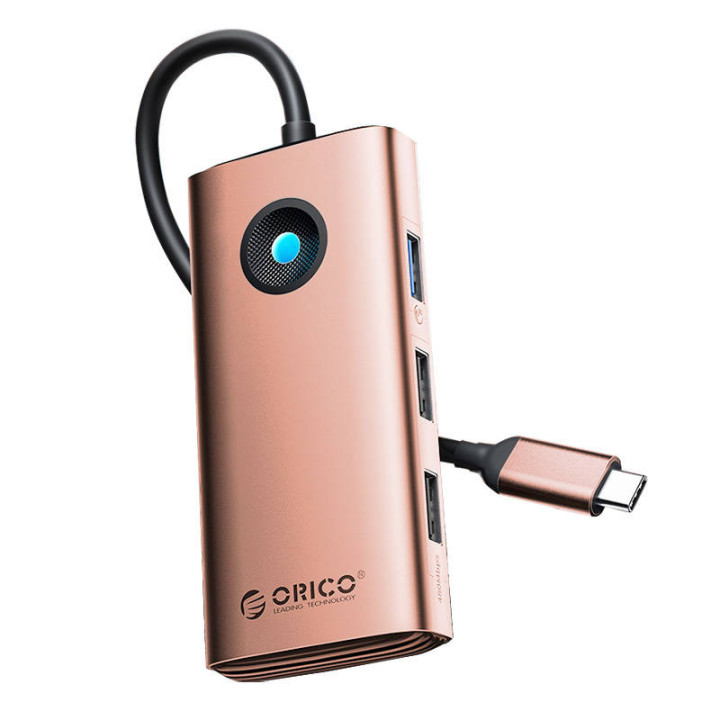 Orico USB-C 6w1 | 3x USB-A 3.0 | 1x USB-C PD 100W | 1x HDMI 4K 30Hz | 1x RJ45 Gigabit Ethernet - różowo-złota