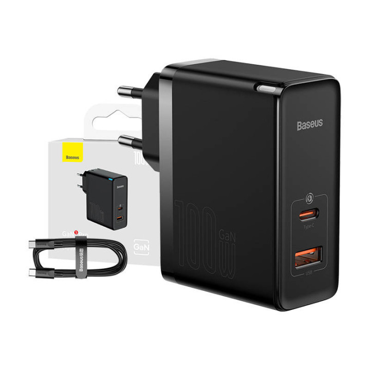Seinälaturi Baseus GaN USB-C + USB, 100W + 1m kaapeli (musta)