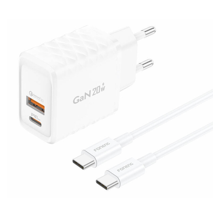Foneng EU56 1xUSB-A, 1xUSB-C, 20W toitelaadija (valge) + USB-C kaabel