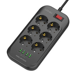 Toitejuhe 6 vahelduvvoolu pistikupesaga, 4x USB, LDNIO SE6403, 2m (must)