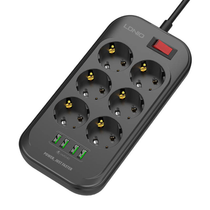 Strāvas sloksne ar 6 maiņstrāvas rozetēm, 4x USB, LDNIO SE6403, 2m (melns)