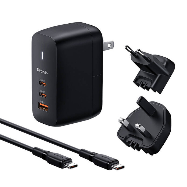 Mcdodo CH-8442 UK/US/EU verkkolaturi, 2x USB-C + USB-A, USB-C kaapeli 2m, 65W (musta)