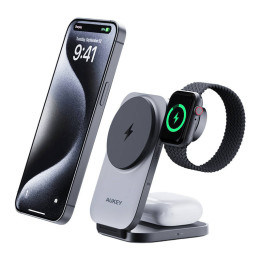 Magneettinen langaton laturi 3 in 1 MagFusion Aukey LC-MC312, 15 W Qi2 (harmaa)