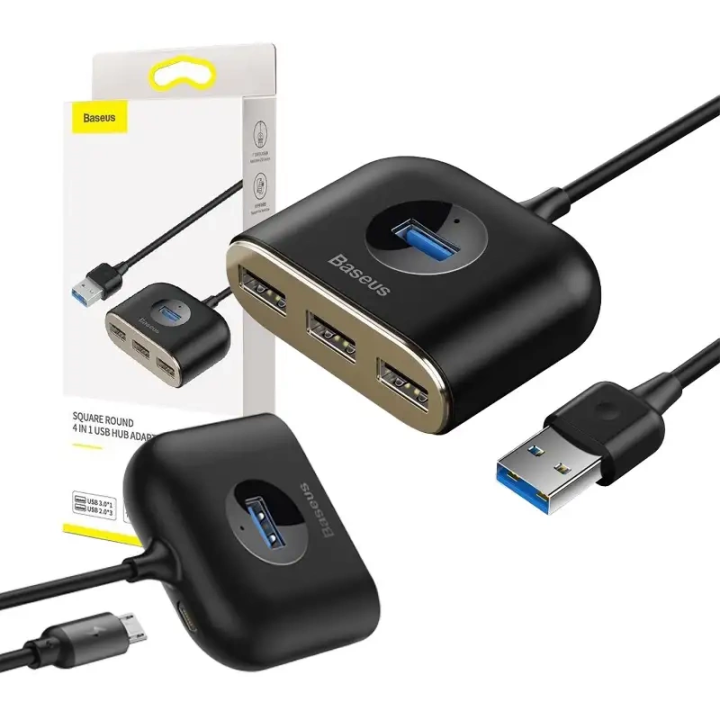 „Baseus“ kvadratinis apvalus USB adapteris, HUB USB 3.0 iki 1x USB 3.0 + 3x USB 2.0.1m (juodas)
