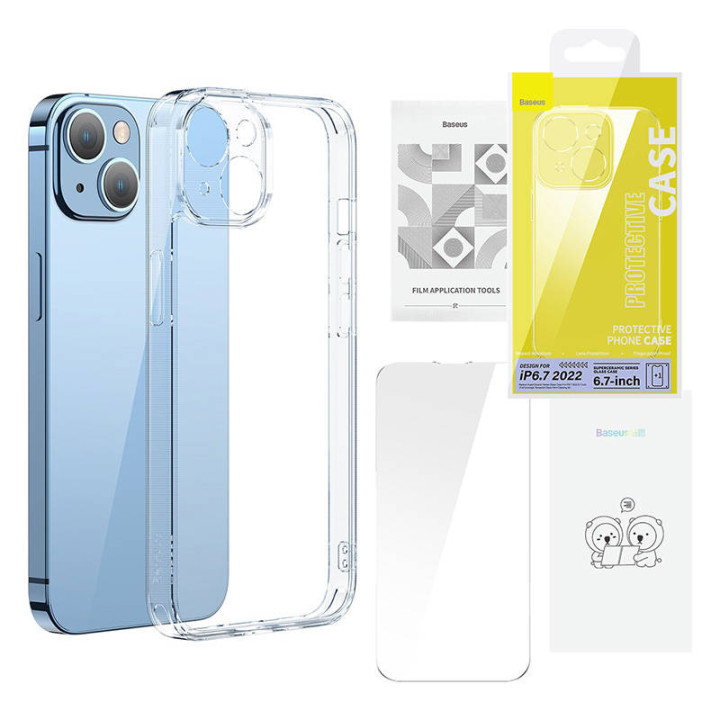 Прозрачный стеклянный корпус Baseus SuperCeramic и набор из закаленного стекла для iPhone 14 Plus