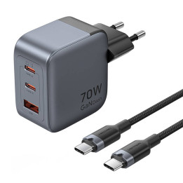 GaN Vention USB-C+C+A 70 W laadija + USB-C-C kaabel 1 m (hall)