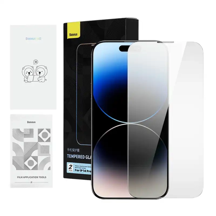 Privatus grūdintas stiklas Baseus Iphone 14 Pro Max (2 vnt) su 2 valymo rinkiniais ir dulkėms atspariu montavimo įrankiu
