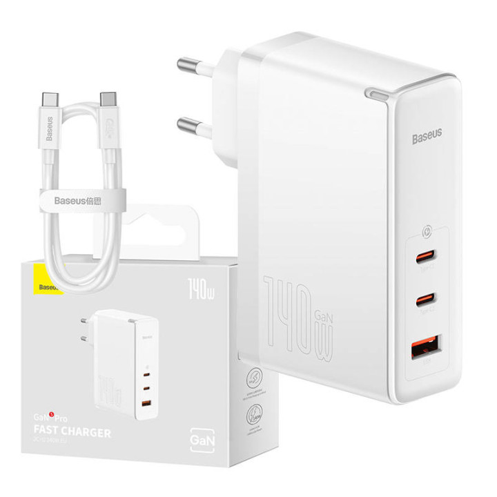 Sienas lādētājs Baseus GaN5 Pro 2xUSB-C + USB, 140W (balts)