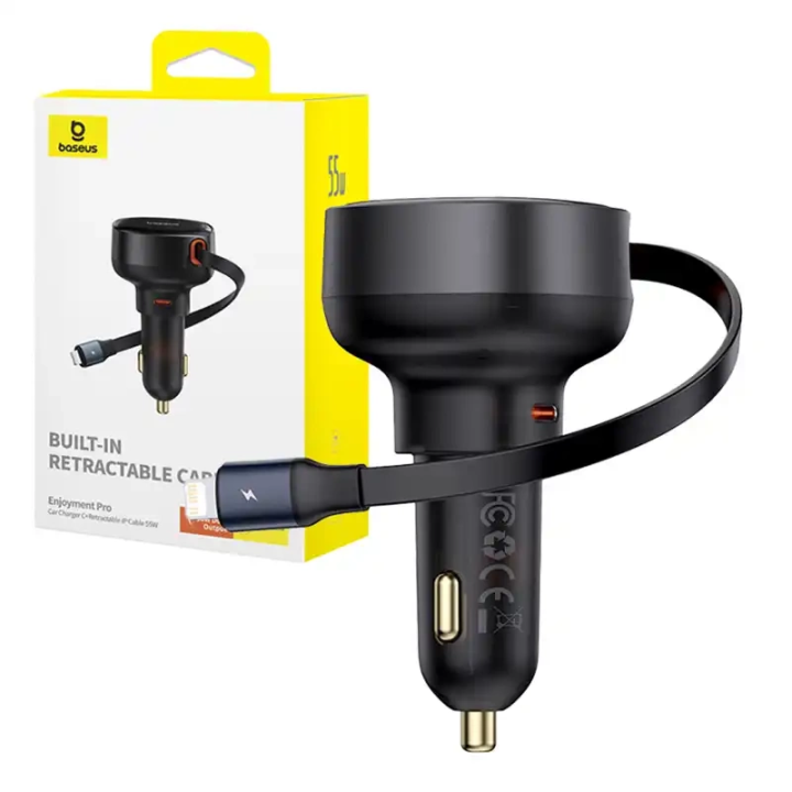 Automašīnas lādētājs Baseus Enjoyment Pro ar zibens kabeli + USB-C, 55 W (melns)