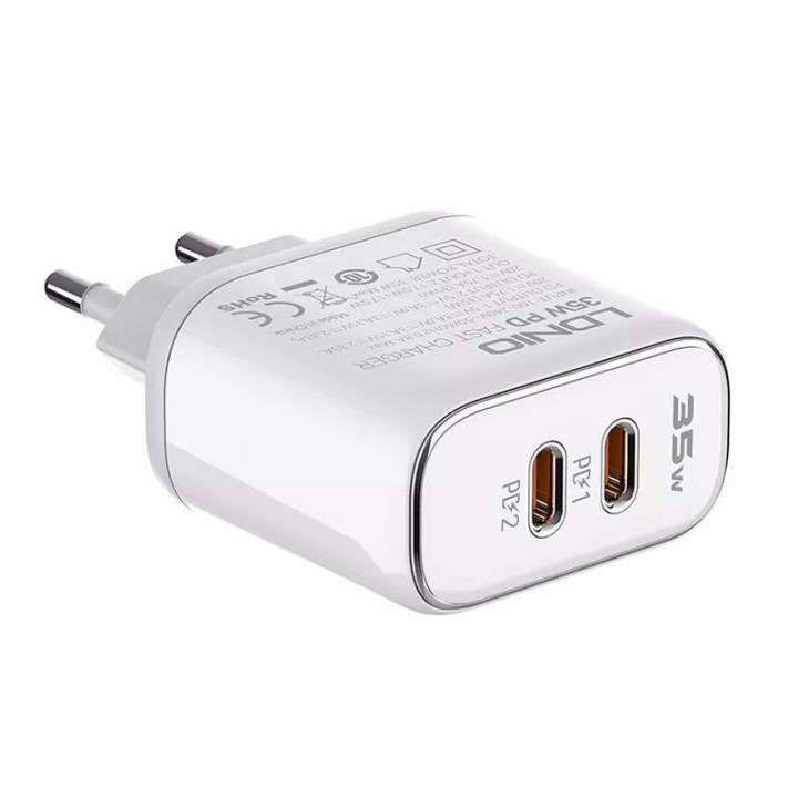 Sieninis įkroviklis LDNIO A2528M 2USB-C, skirtas Apple + USB-C - Lightning kabelis