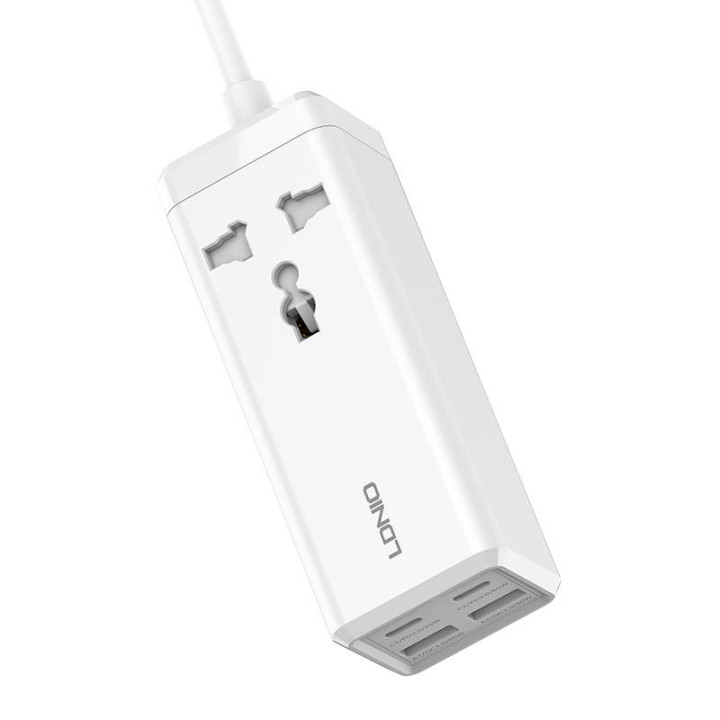 Virtajohto 1 pistorasialla, 2 x USB, 2 x USB-C LDNIO SC1418, EU/US, 2500 W (valkoinen)