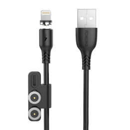 Foneng X62 Magnetic 3in1 USB-USB-C / Lightning / Micro USB -kaapeli, 2,4A, 1m (musta)