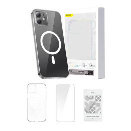 Telefono dėklas Baseus Magnetic Crystal Clear, skirtas iPhone 12 (skaidrus) su viso grūdinto stiklo ekrano apsauga ir valymo rin