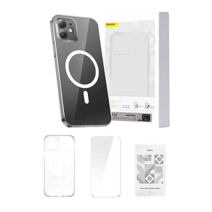 Telefono dėklas Baseus Magnetic Crystal Clear, skirtas iPhone 12 (skaidrus) su viso grūdinto stiklo ekrano apsauga ir valymo rin