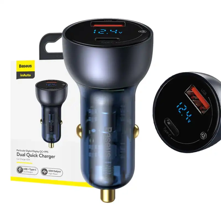 Автомобильное зарядное устройство Baseus Special Digital Display с дисплеем, USB + USB-C, QC3.0+PD, 5А, 65Вт (серый)