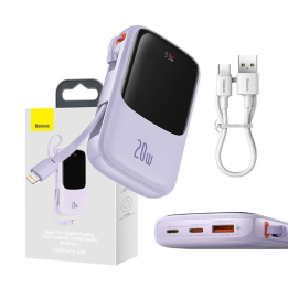 Powerbank Baseus Qpow Pro ar Lightning kabeli, USB-C, USB, 10000mAh, 20W (violeta)