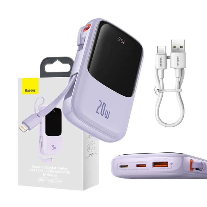 Powerbank Baseus Qpow Pro Lightning-kaapelilla, USB-C, USB, 10000mAh, 20W (violetti)