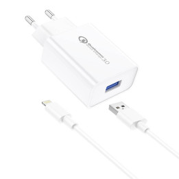 Foneng EU13 18W sieninis įkroviklis + USB prie Lightning laidas, 3A (baltas)