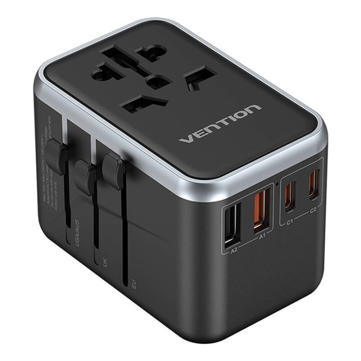 Vention FJFB0 GaN 2xUSB-C 2xUSB-A universālais ceļojumu adapteris 65 W (melns)