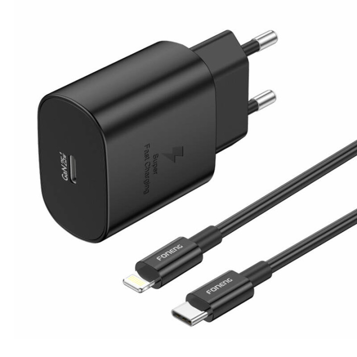 Foneng EU51 USB-C 25W verkkolaturi + USB-C - Lightning-kaapeli (musta)