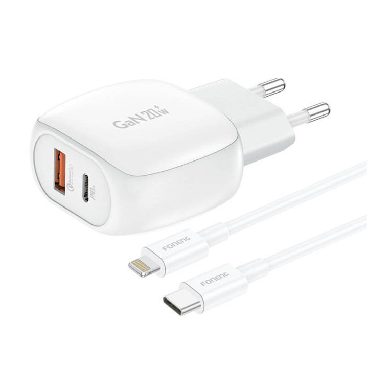 Foneng EU41 USB-C+USB-A 20 W tīkla lādētājs + USB-C — Lightning kabelis (balts)