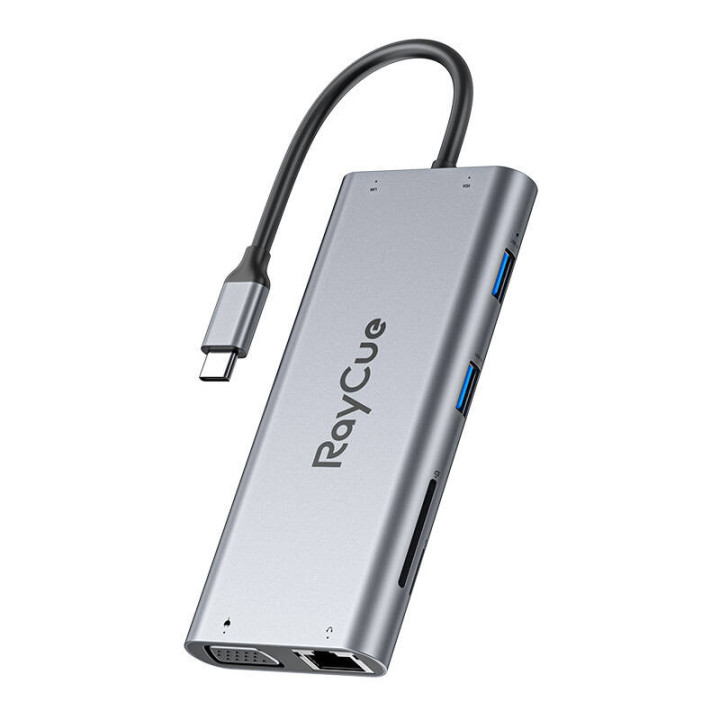 Hub 11w1 RayCue USB-C iki 2x USB-A 2.0 480Mbps + 3x USB-A 3.2 5Gbps + SD/TF 3.0 + HDMI 4K30Hz + VGA 1080p + RJ45 + PD 3.0 100W (
