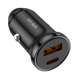 Automobilinis įkroviklis VFAN C03, USB + USB-C, 20W, PD + QC 3.0 (juodas)