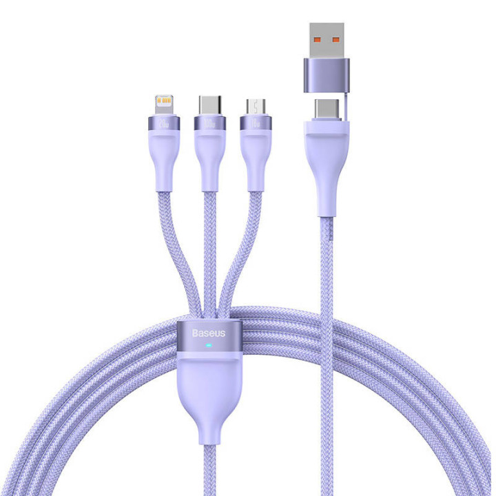 3 viename USB laidas „Baseus Flash Series 2“, USB-C + mikro USB + „Lightning“, 100 W, 1,2 m (violetinė)