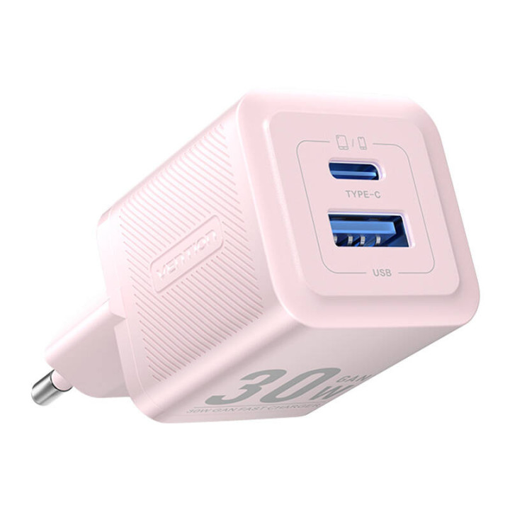 Sieninis įkroviklis, ventiliacija, FEQP0-EU, USB-C + USB-A, 30W/30W, GaN (rožinė)