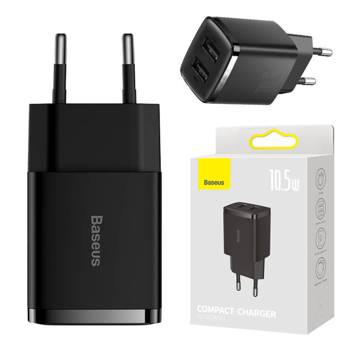 Baseus kompaktais ātrais lādētājs, 2x USB, 10,5 W (melns)