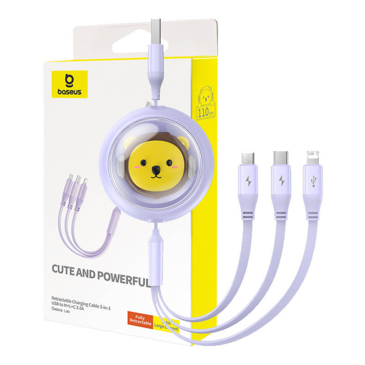 Uzlādes kabelis 3w1 Baseus USB uz USB-C, USB-M, Lightning 3,5A, 1,1m (violeta)