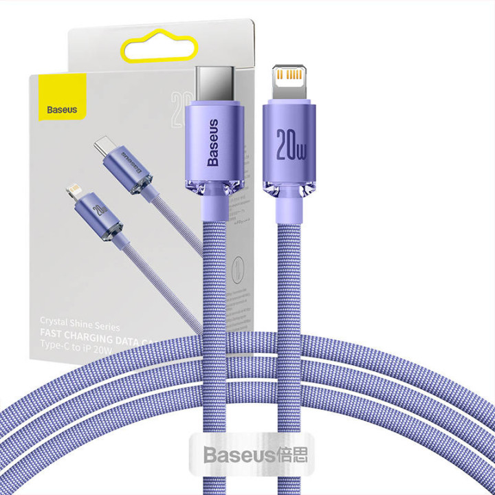 „Baseus Crystal Shine“ kabelis USB-C prie „Lightning“, 20 W, PD, 1,2 m (violetinė)
