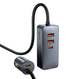 Automobilinis įkroviklis Baseus Share Together su ilgintuvu, 2x USB, 2x USB-C, 120W (pilka)