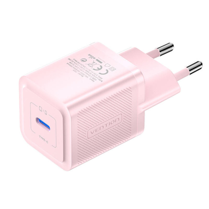 Seinälaturi, Vention, FEPP0-EU, USB-C, 20W, GaN (vaaleanpunainen)