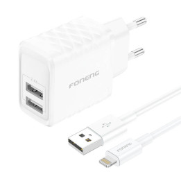 Foneng EU53 20W 2xUSB-A, 2,4A võrgulaadija (valge) + USB-A toLightning kaabel