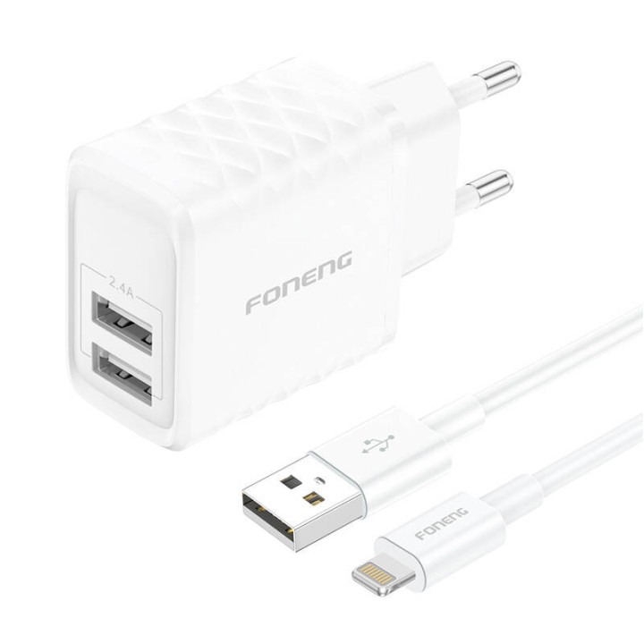 Foneng EU53 20W 2xUSB-A, сетевое зарядное устройство 2,4А (Белый) + кабель USB-A на Lightning