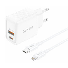 Foneng EU56 1xUSB-A, 1xUSB-C, 20 W strāvas lādētājs (balts) + USB-A līdz Lightning kabelis