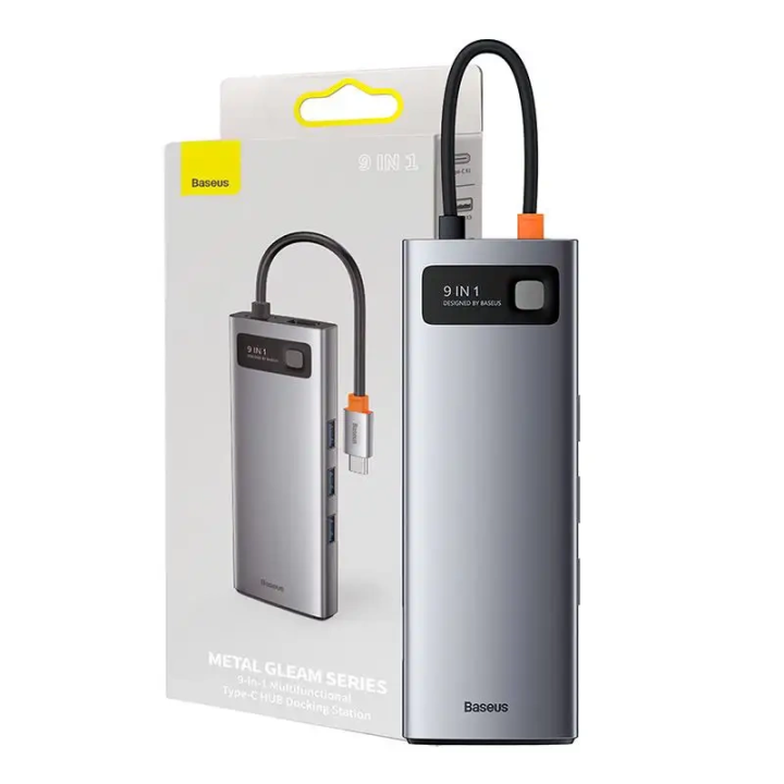 Hub 9in1 Baseus Metal Gleam Series, USB-C līdz 3x USB 3.0 + HDMI + USB-C PD + Ethernet RJ45 + microSD/SD + VGA