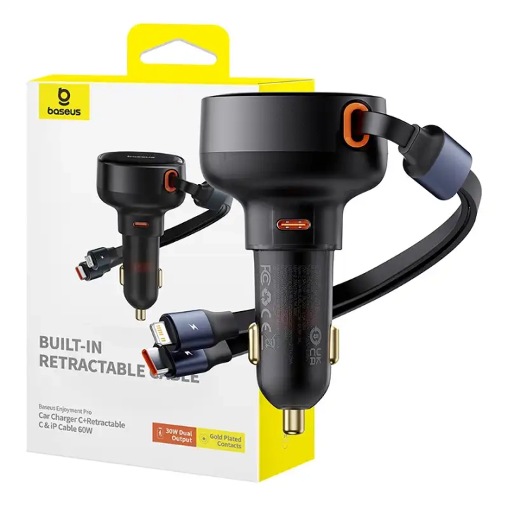 Autolaturi Baseus Enjoyment USB-C USB-C-kaapelilla ja Lightning 60W (musta)