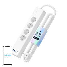 Meross MSP844(EU) viedā ātrās uzlādes strāvas sloksne, 4 kontaktligzdas + 2x USB-A + 2x USB-C (Matter)
