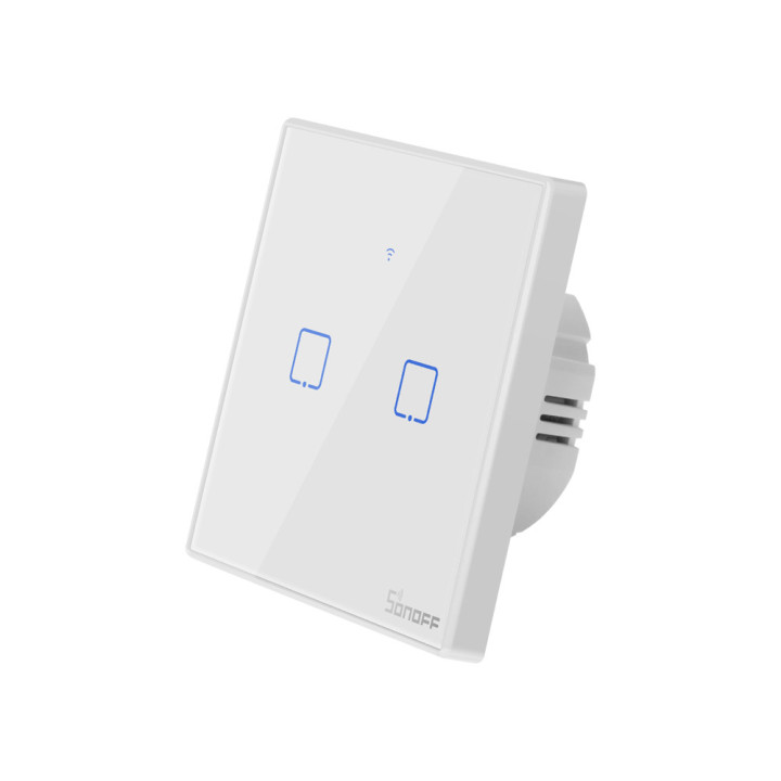Sonoff TX T2 EU 2C 2 grupių išmanusis WiFi + RF sieninis jutiklinis šviesos jungiklis (baltas, su rėmeliu)