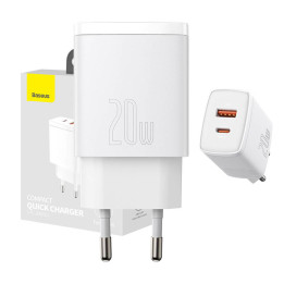Компактное быстрое зарядное устройство Baseus, USB, USB-C, 20 Вт (белый)